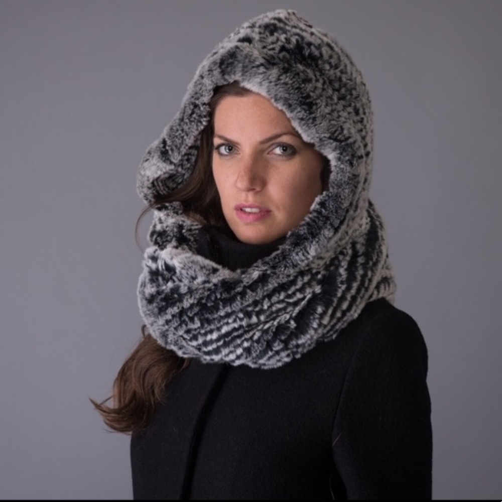 Glamourpuss 100% Real Rabbit Fur Infinity Head Scarf Hood Hat Gray and Black